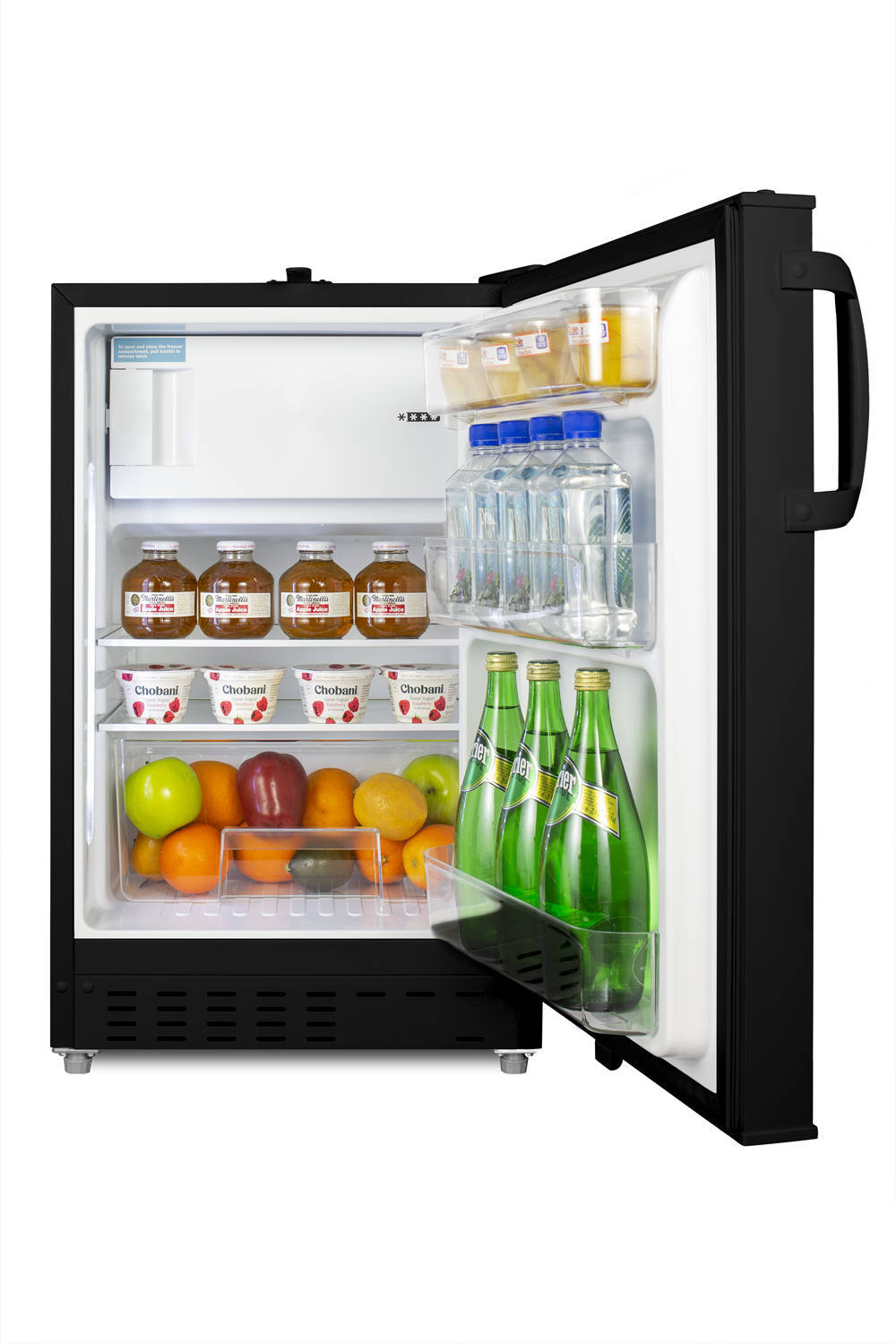 Built-in undercounter, ADA compliant refrigerator-freezer in black, designed for general purpose storage, manual defrost with glass shelves, front lock, and door storage